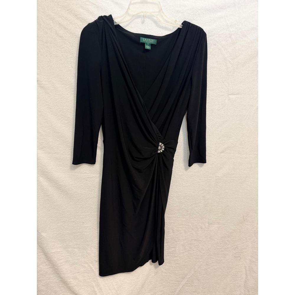 Lauren Ralph Lauren Black Rhinestone Brooch Faux Wrap Sheath Dress 8